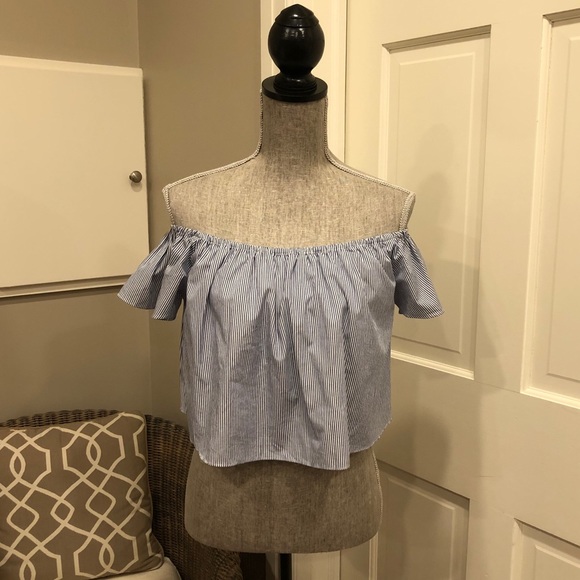 Forever 21 Tops - Forever 21 Blue/White Stripe Off Shoulder Crop Top